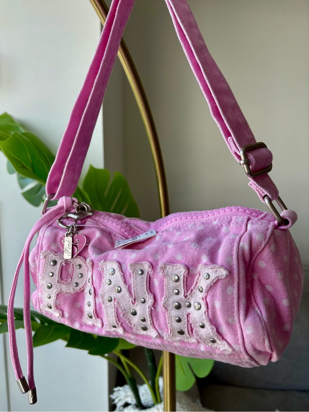 NWT PINK Victoria’s Secret Y2K Glam LOVE Studded Pink Dot Mini Barrel Duffle Bag